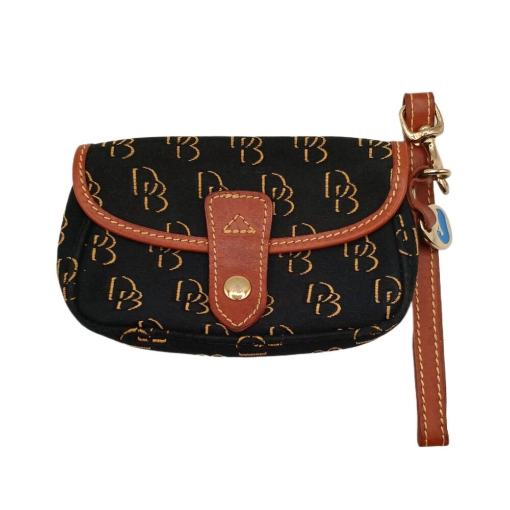Dooney & Bourke Signature Monogram Wristlet Clutch Womens Black Brown Leather